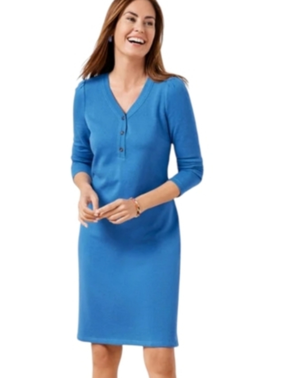 New Talbots Blue Dress French Terry Henley Bodice Slip On Comfy Coastal NWT Sz L